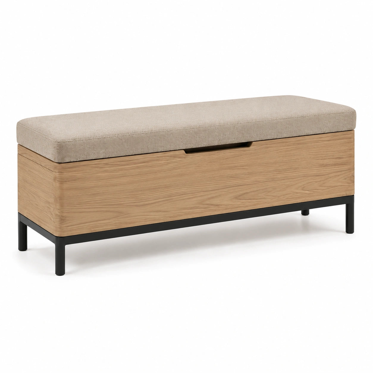 Banco de almacenamiento con tapizado beige, base de metal y detalles de madera