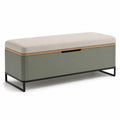 Banco de madera con cojín gris y base verde