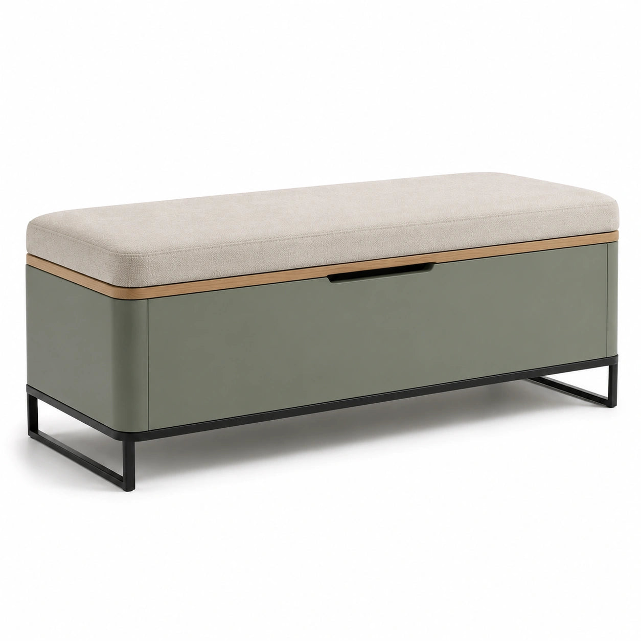 Banco de madera con cojín gris y base verde