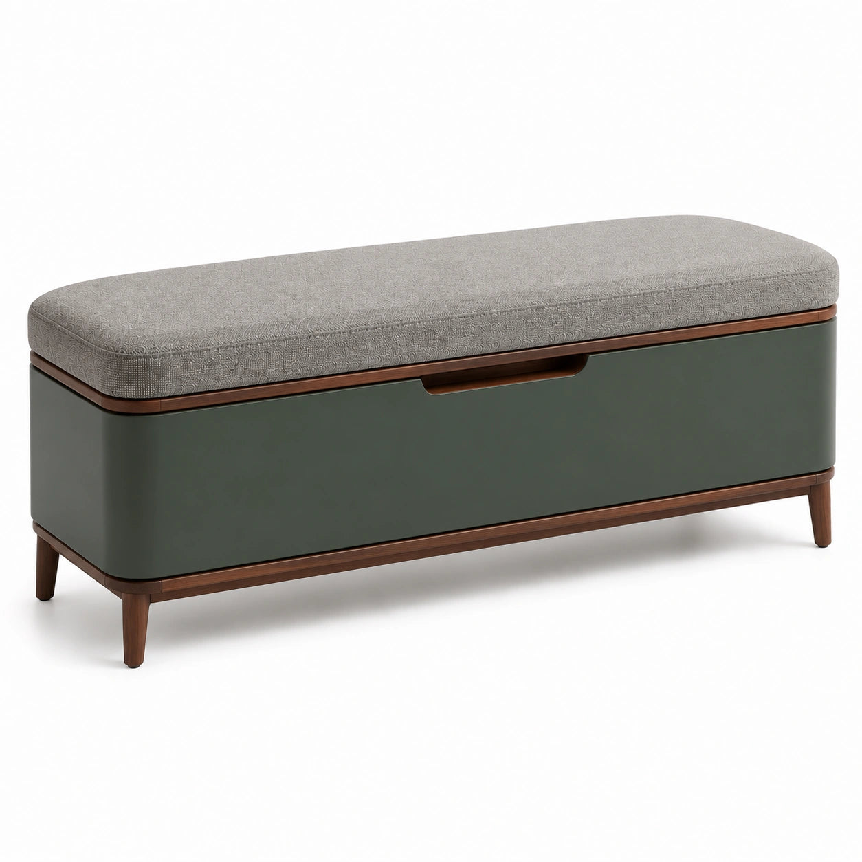 Banco de madera y metal con cojín beige y almacenamiento