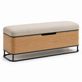 Banco de almacenaje verde oliva con tapizado de poliéster beige y estructura de madera