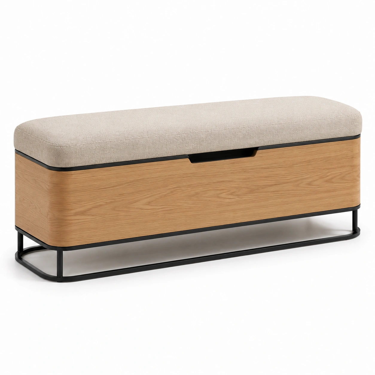 Banco de almacenaje verde oliva con tapizado de poliéster beige y estructura de madera